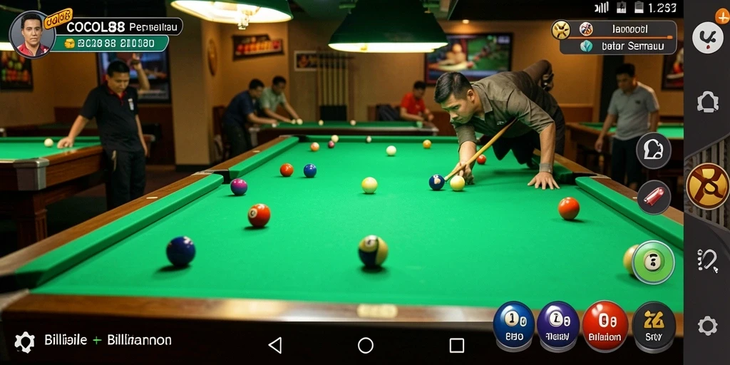 Tampilan antarmuka COCOL88 yang menarik dengan meja dan pemain Billiard.